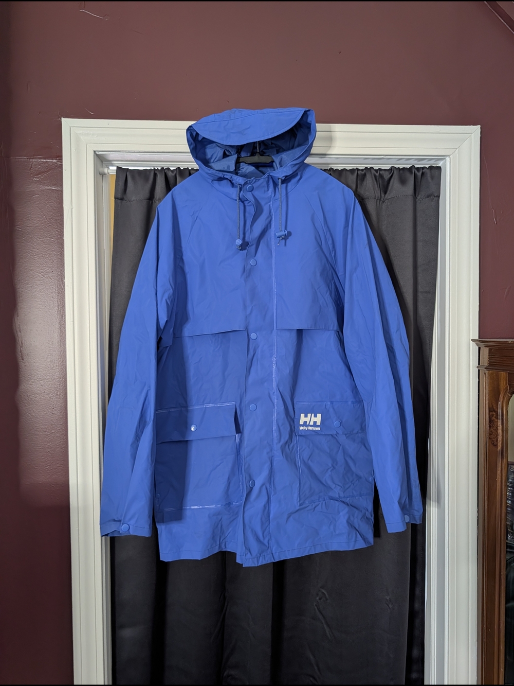 Helly Hansen Men's Logo Print Cargo Blue Hooded Rain Coat Parka Jacket M